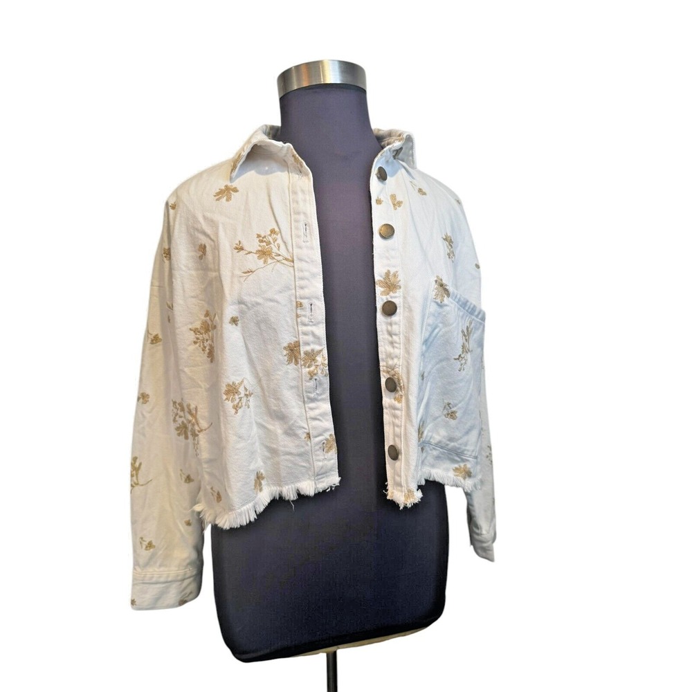 Zara denim jacket jean shirt white metallic floral embroidery medium NWT - Picture 2 of 11
